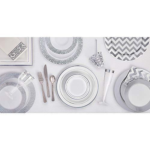 amscan Elegant Square Plastic Plates with Silver Trim - 10\" (Pack of 8) - Premium White Dinnerware - Perfect for Buffets, Parties, and Special Occasions