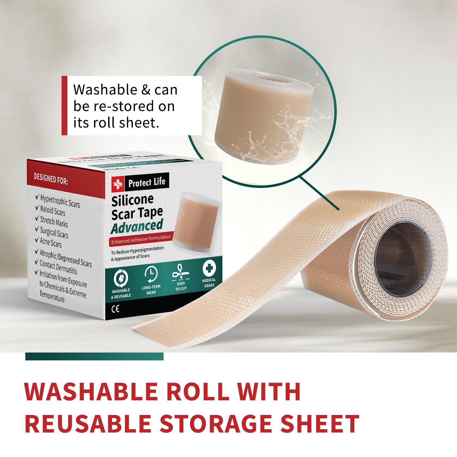 Protect Life Medical Grade Silicone Scar Tape Advanced Adhesive Formulation (1.6" x 118") Scar Removal Away Strips for Surgical Scars, Silicone Tape & Keloid Scar Treatment, Reusable Silicone Scar Sheets