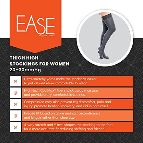 EASE BY THERAFIRM Ease Opaque Women's Support Thigh High Stockings - 20-30mmHg Moderate Compression Nylons (Coal, Small Long)