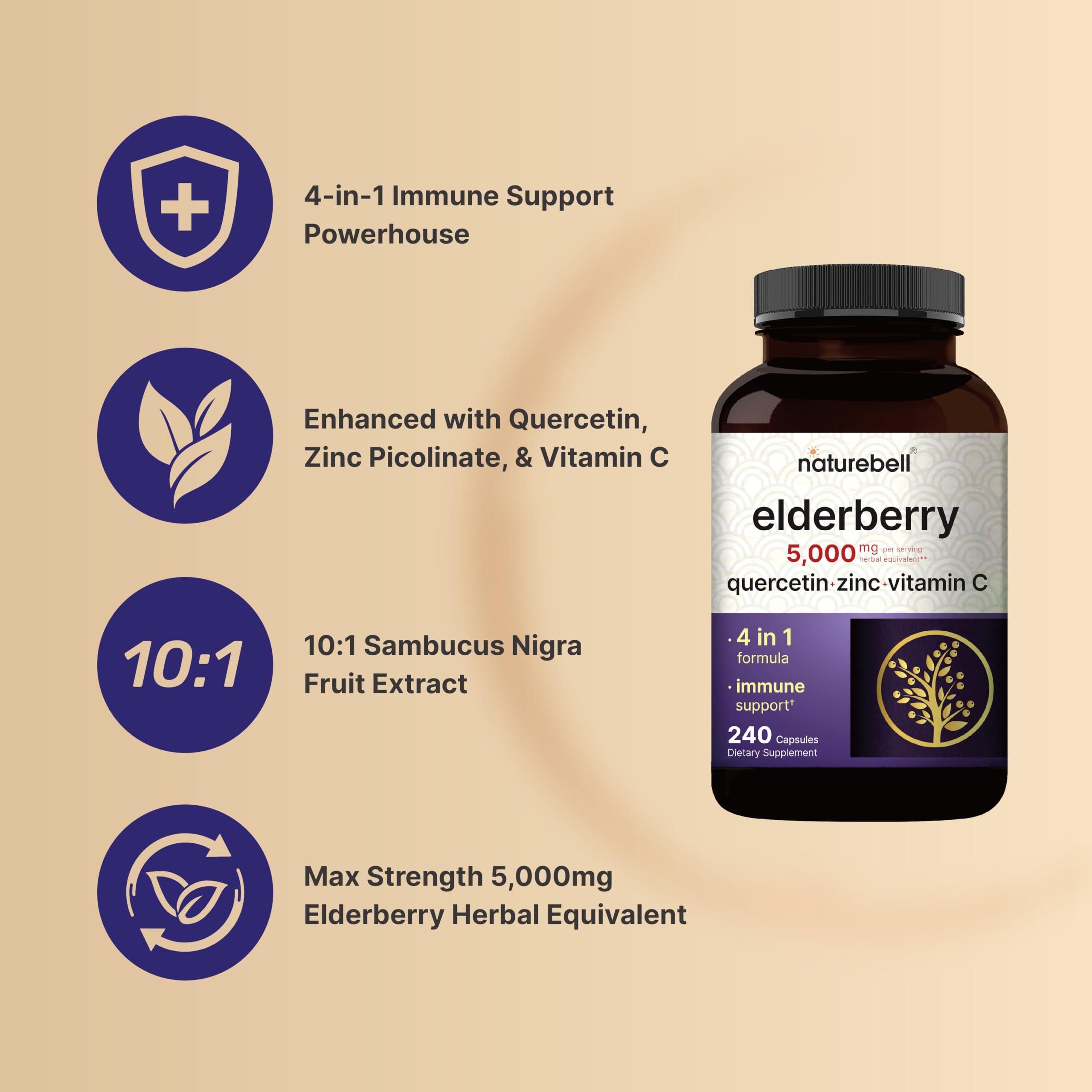 NatureBell NatureBell Sambucus Elderberry Capsules, 5000mg Per Serving with Quercetin 500mg, Vitamin C and Zinc, 240 Count | European Black Elderberry Fruit Extract 4 in 1 Immune Support Supplements