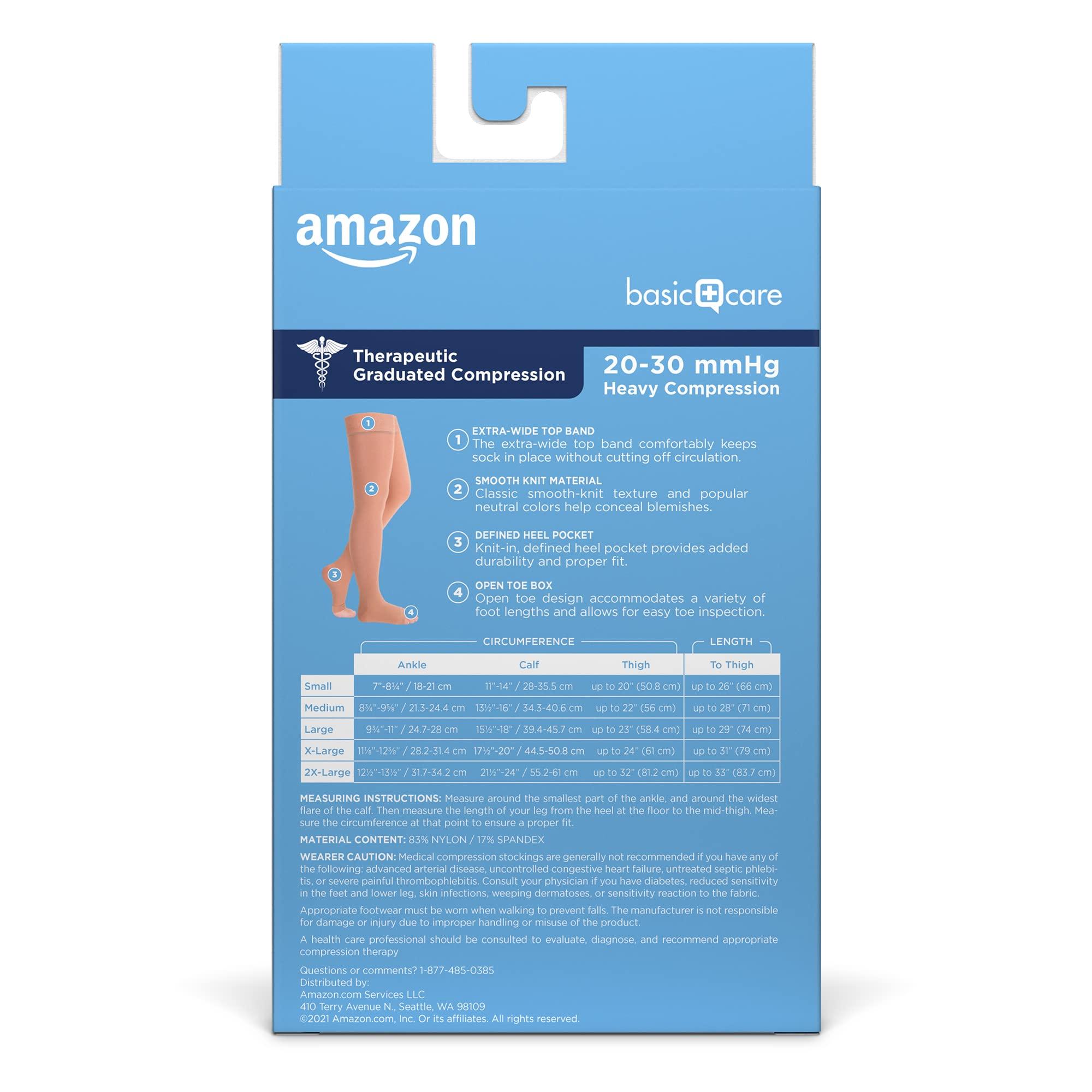 Amazon Basic Care Amazon Basic Care Medical Compression Stockings, 20-30 mmHg Support, Women & Men Thigh Length Hose, Open Toe, Beige, Small (Previously NuVein) (Pack of 2)