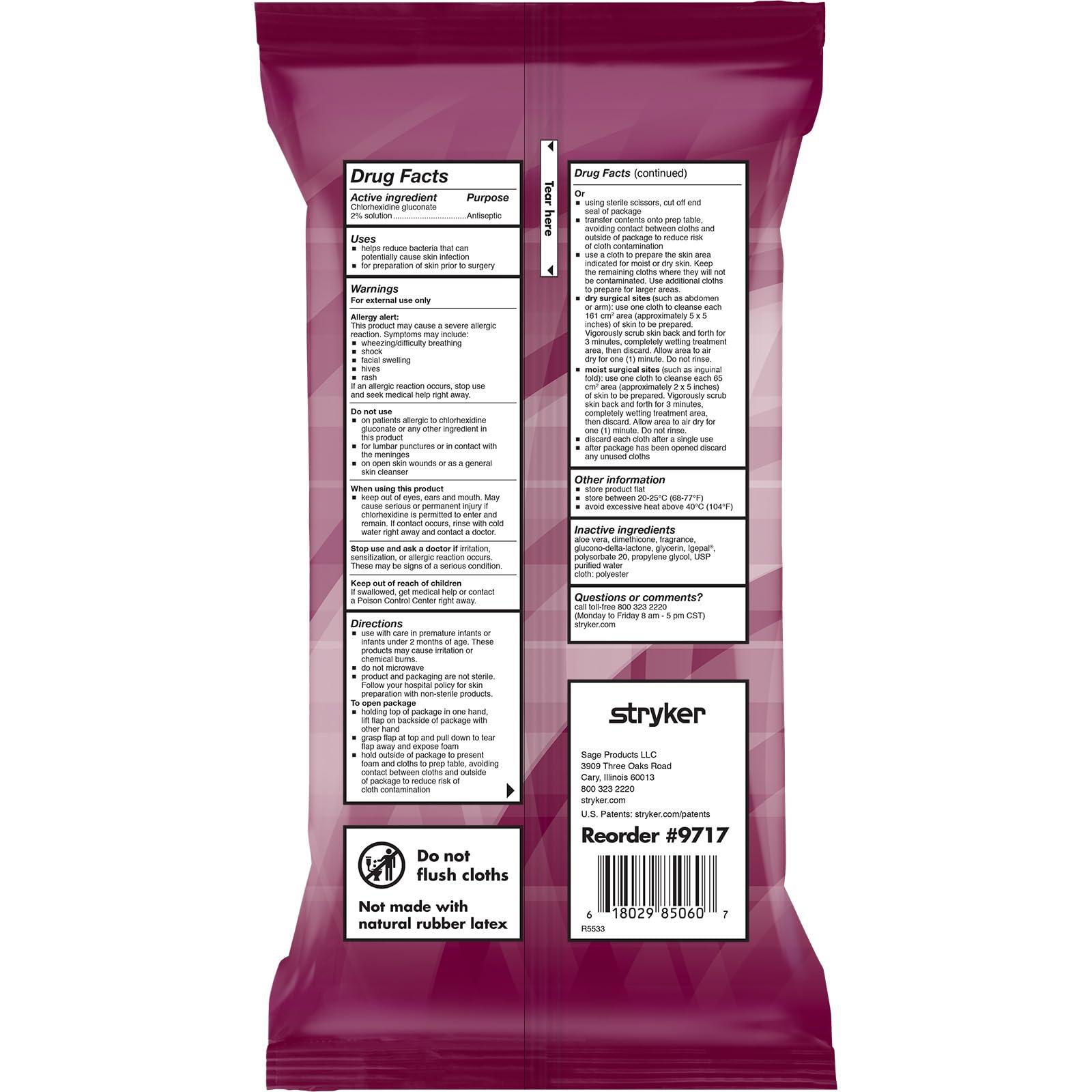 STRYKER Stryker - Sage 2% Chlorhexidine Gluconate (CHG) Cloths 1 Package, 6 Cloths Rinse-free Antiseptic Preoperative Skin Preparation