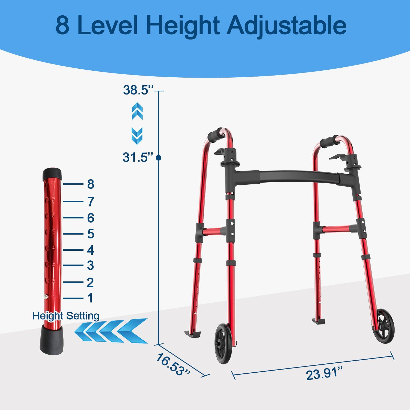 Loyoda Loyoda Folding Walker for Seniors, FSA/HSA Eligible Walker with Skis Lightweight 5\'\' Front Wheel Walker Height Adjustable Aluminum Standard Walker for Elderly and DisabledRed