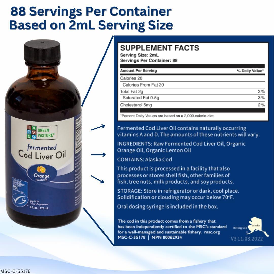 Green Pasture Green Pasture - Fermented Cod Liver Oil Liquid - 6 fl. oz. Vitamin A Vitamin D Omega 3 Omega 6 Omega 9 (6oz Orange)