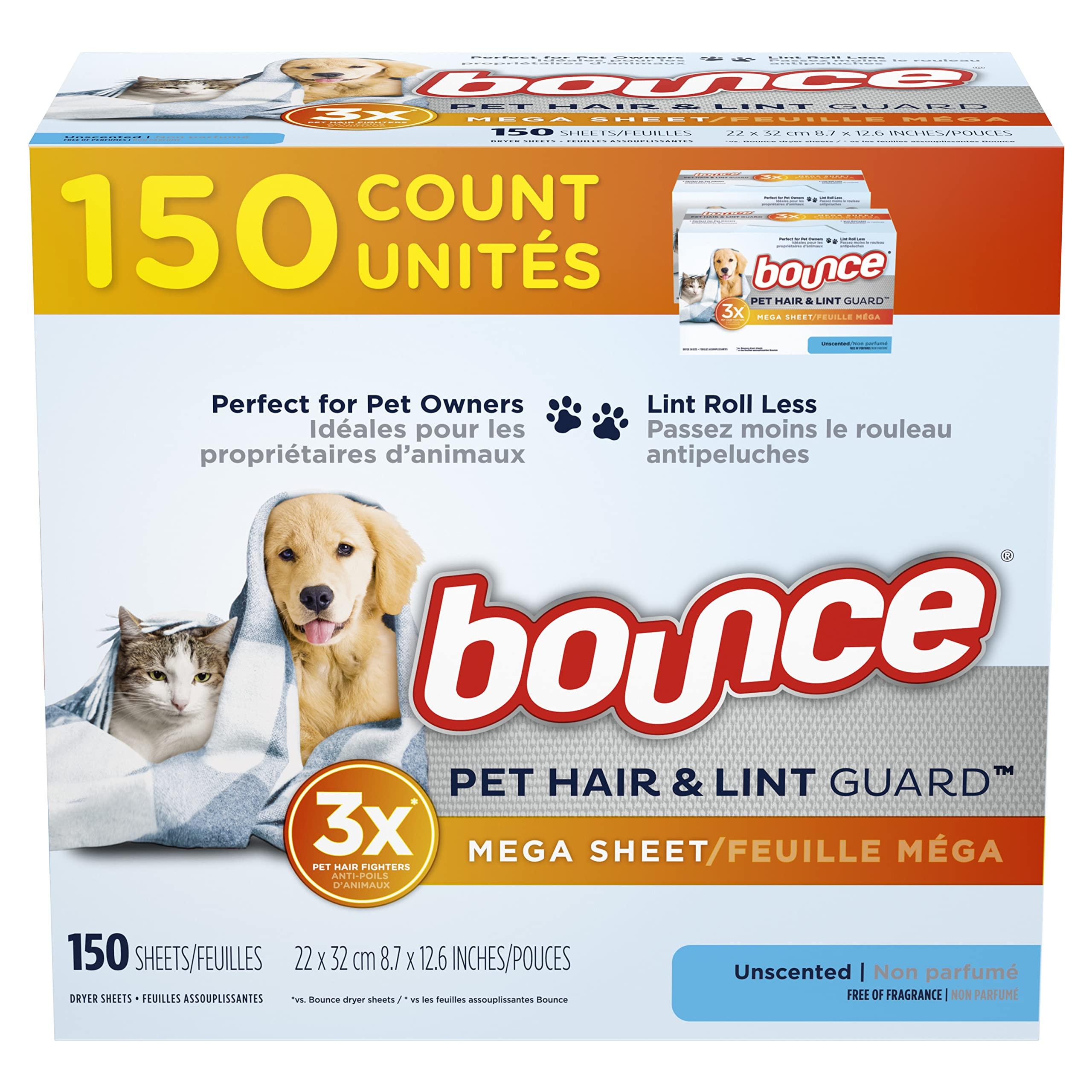 Bounce Bounce Pet Hair and Lint Guard Mega Fabric Softener Dryer Sheets with 3X Pet Hair Fighters, Unscented, 150 Count