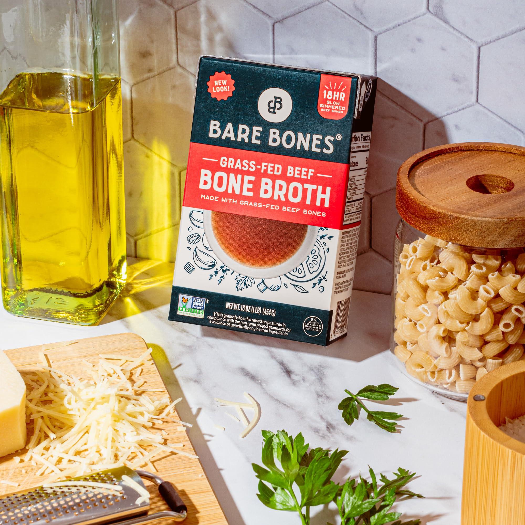 Bare Bones Bare Bones Grass-Fed Beef Bone Broth | Pour w/Pasture Raised Protein & Collagen for Cooking & Sipping | No Artificial Flavors Non-GMO Gluten & Dairy-Free Keto & Paleo Friendly | 16oz Carton | 8 Pack