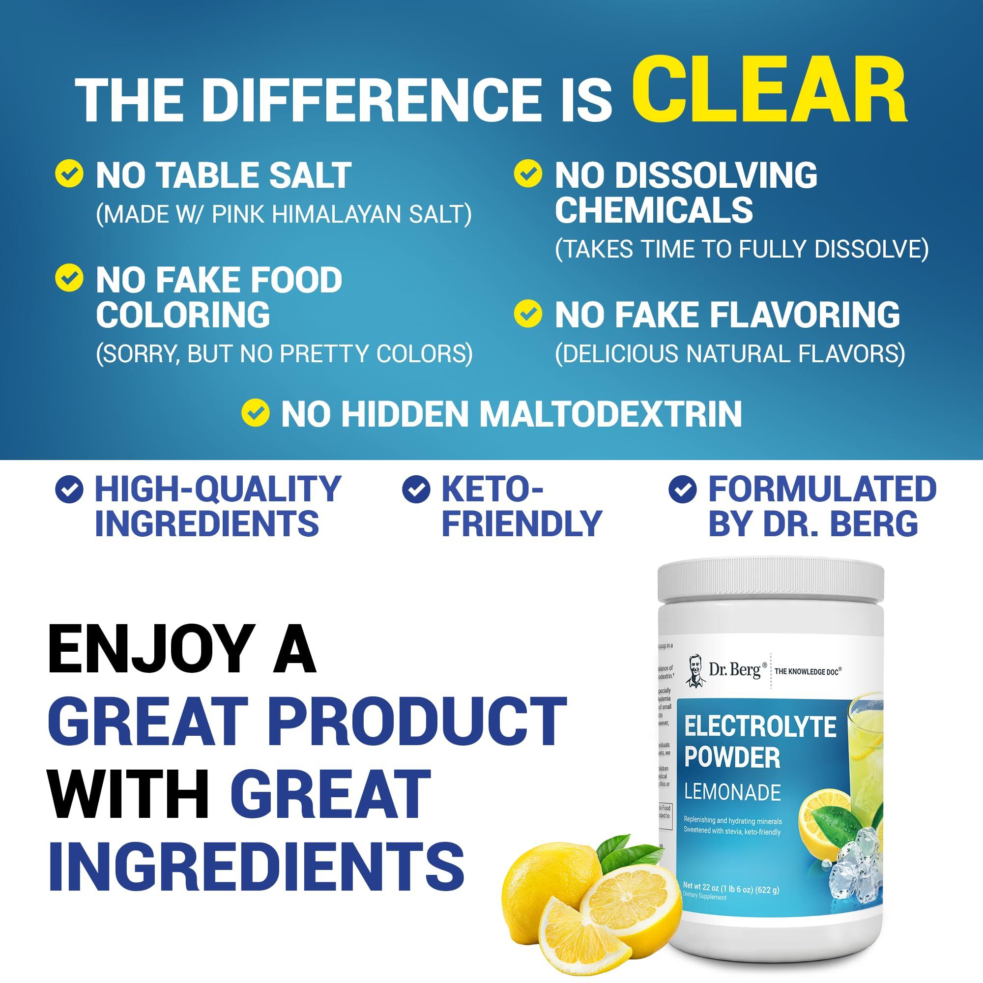 Dr. Berg Nutritionals Dr. Berg Zero Sugar Hydration Keto Electrolyte Powder - Enhanced w/ 1,000mg of Potassium & Real Pink Himalayan Salt (NOT Table Salt) - Lemonade Flavor Hydration Drink Mix Supplement - 100 Servings