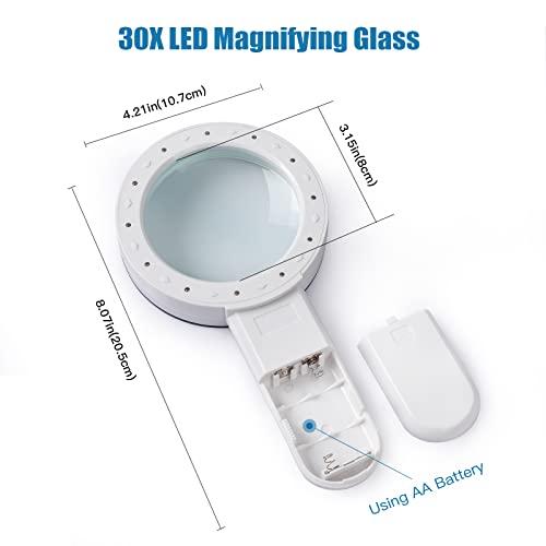 Cencita Magnifying Glass with Light, 30X Handheld Magnifying Glass, 12 LED Illuminated Lighted Magnifier for Low Vision Seniors Reading, Macular Degeneration, Soldering, Inspection, Coins, Jewelry, Exploring