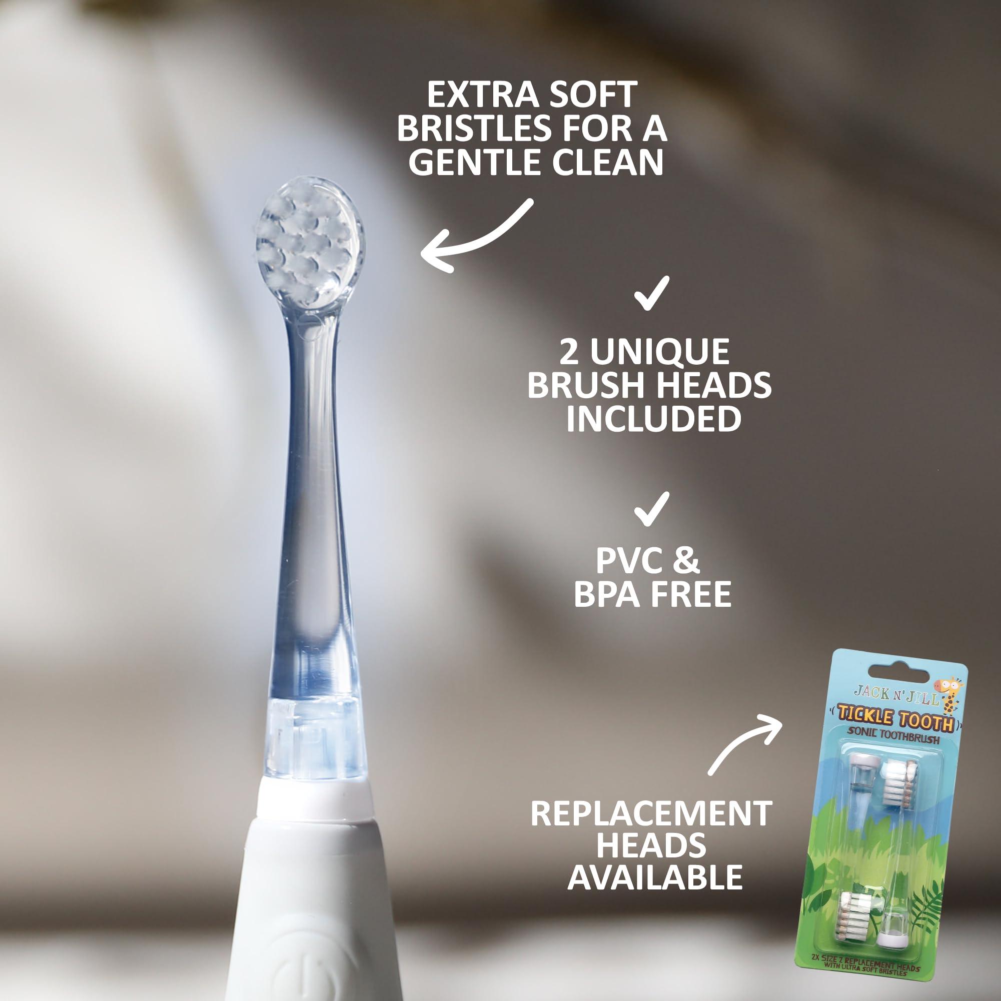JACK N' JILL ................. SINCE 1949 Jack N\' Jill Tickle Tooth Sonic Electric Toothbrush with Replacement Head - Gentle Cleaning, Made for Tiny Teeth, LED Inspection Light, for Babies & Kids, Extra Soft Bristles - (1 Pack)