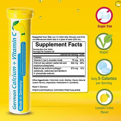 T&D German Calcium + VIT. C - 100 Vegan Drink Effervescent Tablets - Lemon Lime Flavor - Made in Germany