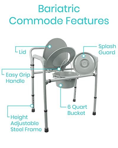 Vive Vive Bariatric Bedside Commode 500 lb Capacity- Folding 3n1 Toilet Chair, Portable Extra Wide Seat with Bucket Splash Guard, Heavy Duty Adult Bathroom, Pail Fits Standard Disposable Liner Bag, Nonslip