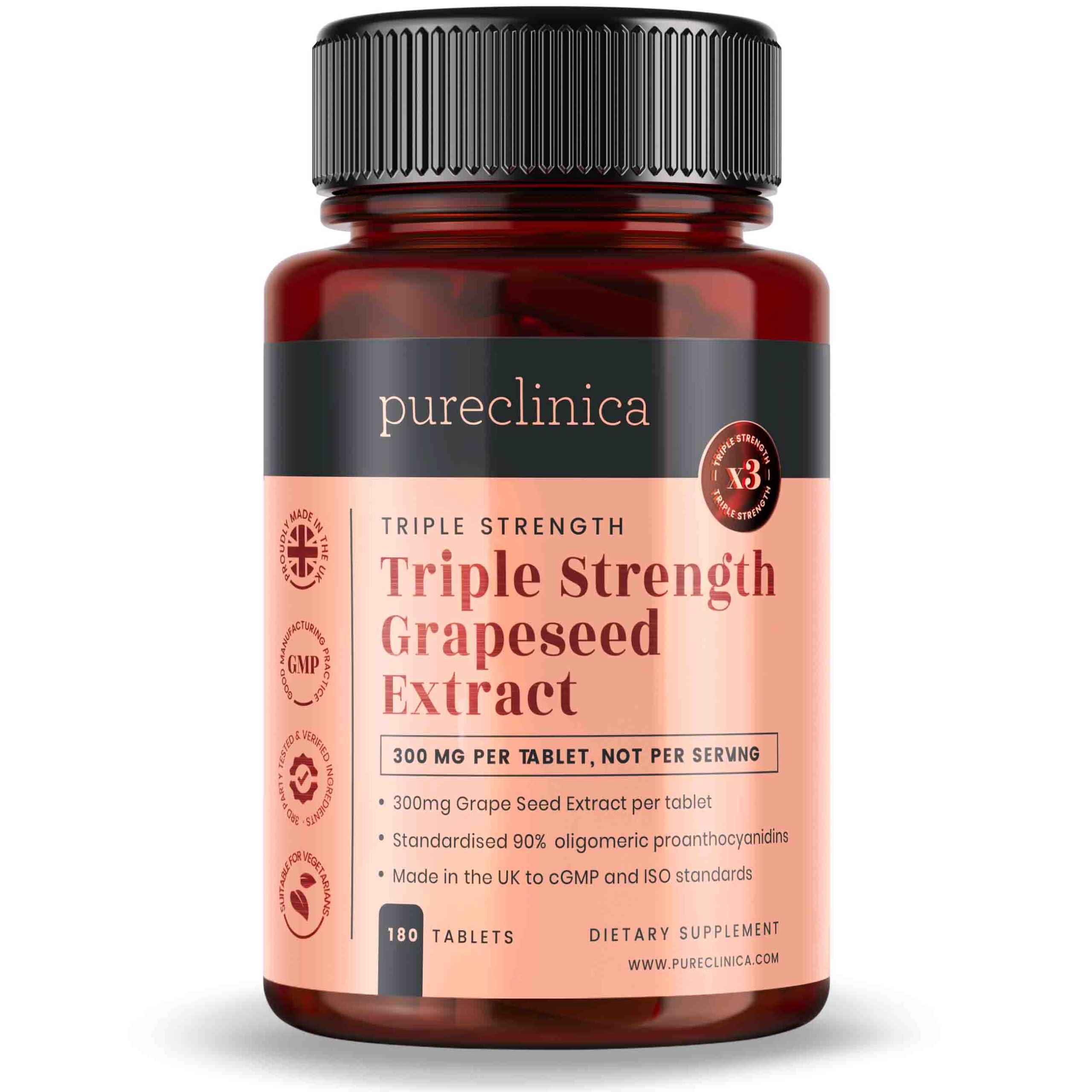pureclinica pureclinica Grape Seed Extract 300mg x 180 Tablets - 90% Oligomeric Proanthocyanidins. 300% Stronger Than Regular Grape Seed.