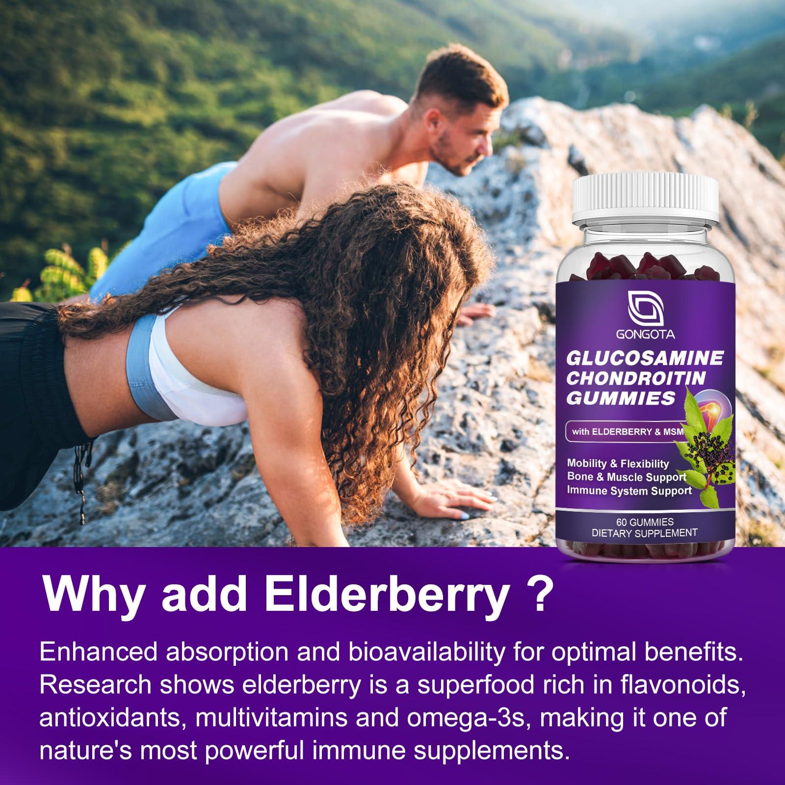 GONGOTA Glucosamine Chondroitin Gummies - 2- Pack, Extra Strength 1500mg Glucosamine with MSM & Elderberry, Joint Support Supplement, Best Cartilage & Immune Support Supplement for Men and Women - 120 count