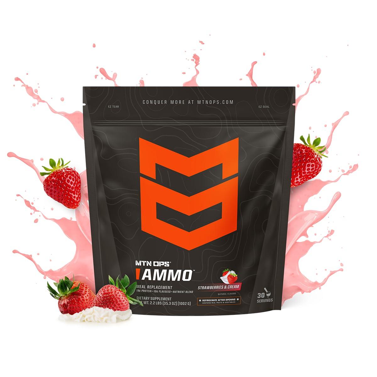 MTN OPS MTN OPS Ammo Protein Powder Meal Replacement Shake for Lean Muscle Building, Strawberries & Cream Flavor, 28 Servings