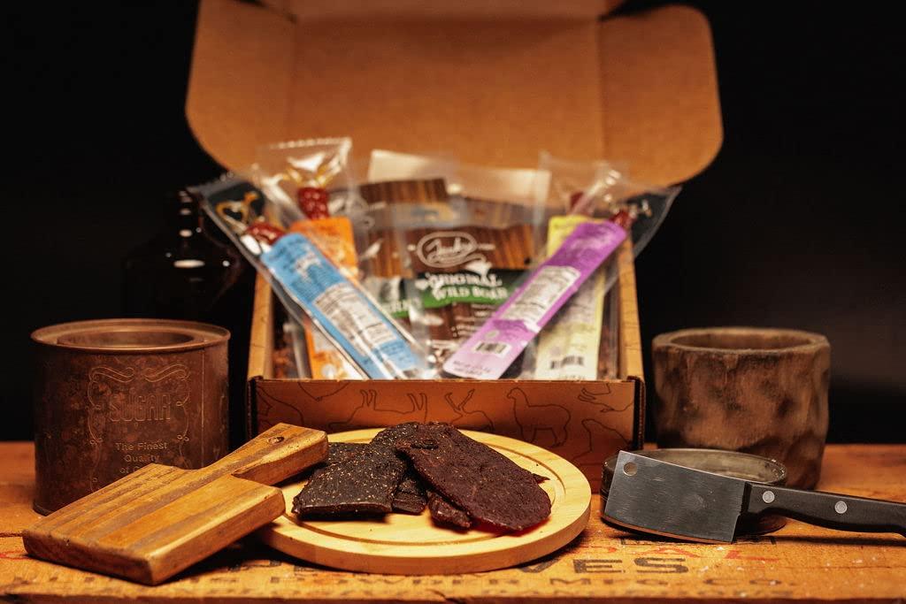 Jerky.com Exotic Jerky Gift Box for Men - 8 Piece Exotic Jerky & Meat Sticks Gift Set - Healthy Exotic Jerky Gift Box Includes Venison, Elk, Buffalo, and Wild Boar Jerky and Meat Sticks - Great Gifts For Men
