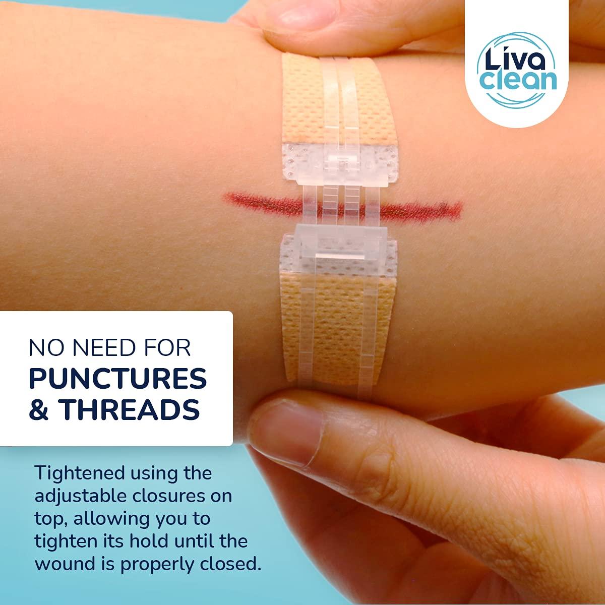 LivaClean (6 CT) 1 X 3.7 Wound Closure Strips - Zip Stitch Wound Closure Kit - Butterfly Kit Device Zip Tie Skin Closuing Butterfly Bandaids Adhesive Injury-Closing Glue Steri Strips Bandages Sutures