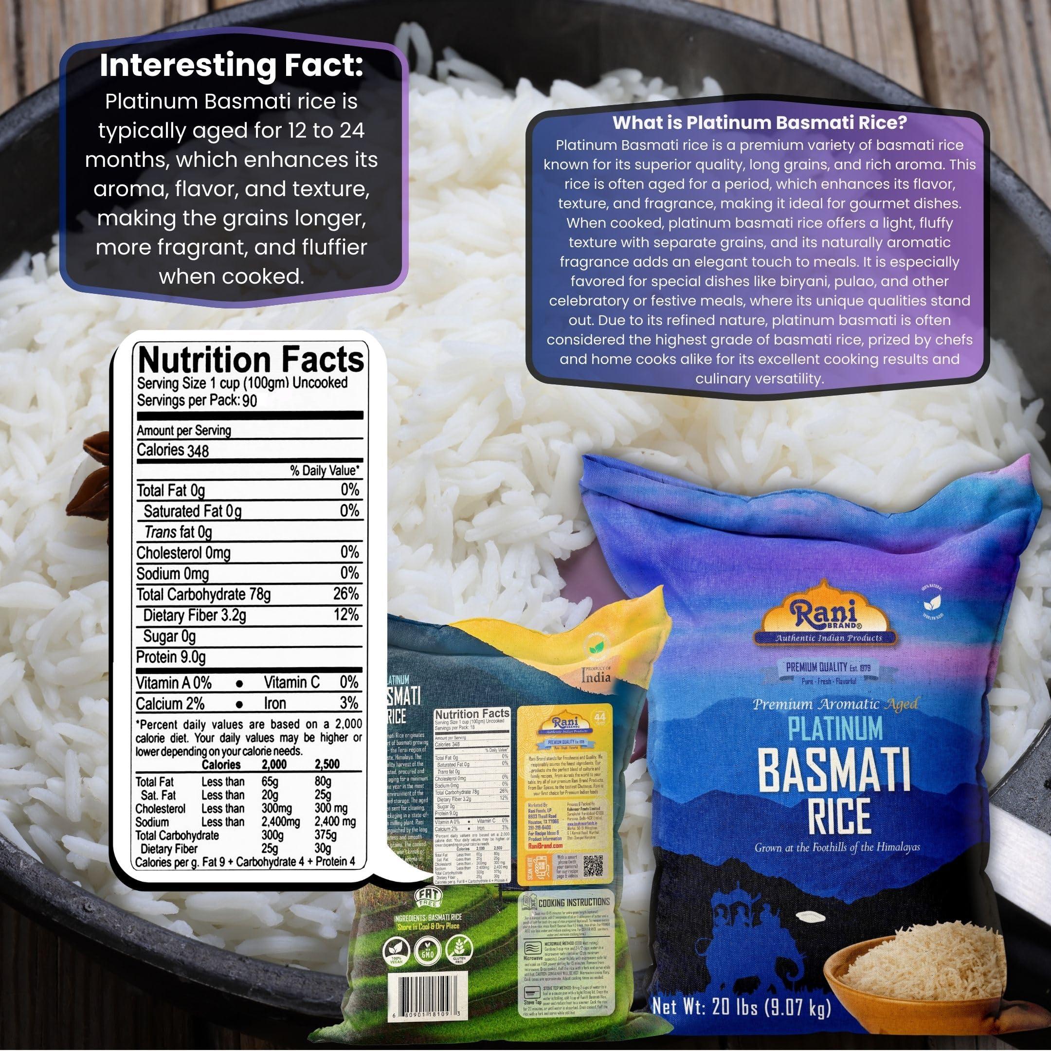Rani Brand Authentic Indian Products Rani Platinum White Basmati Rice Extra Long Aged 20-Pound Bag, 320oz (20lbs) 9.08kg ~ All Natural | Gluten Friendly | Vegan | Indian Origin | Kosher | Export Quality