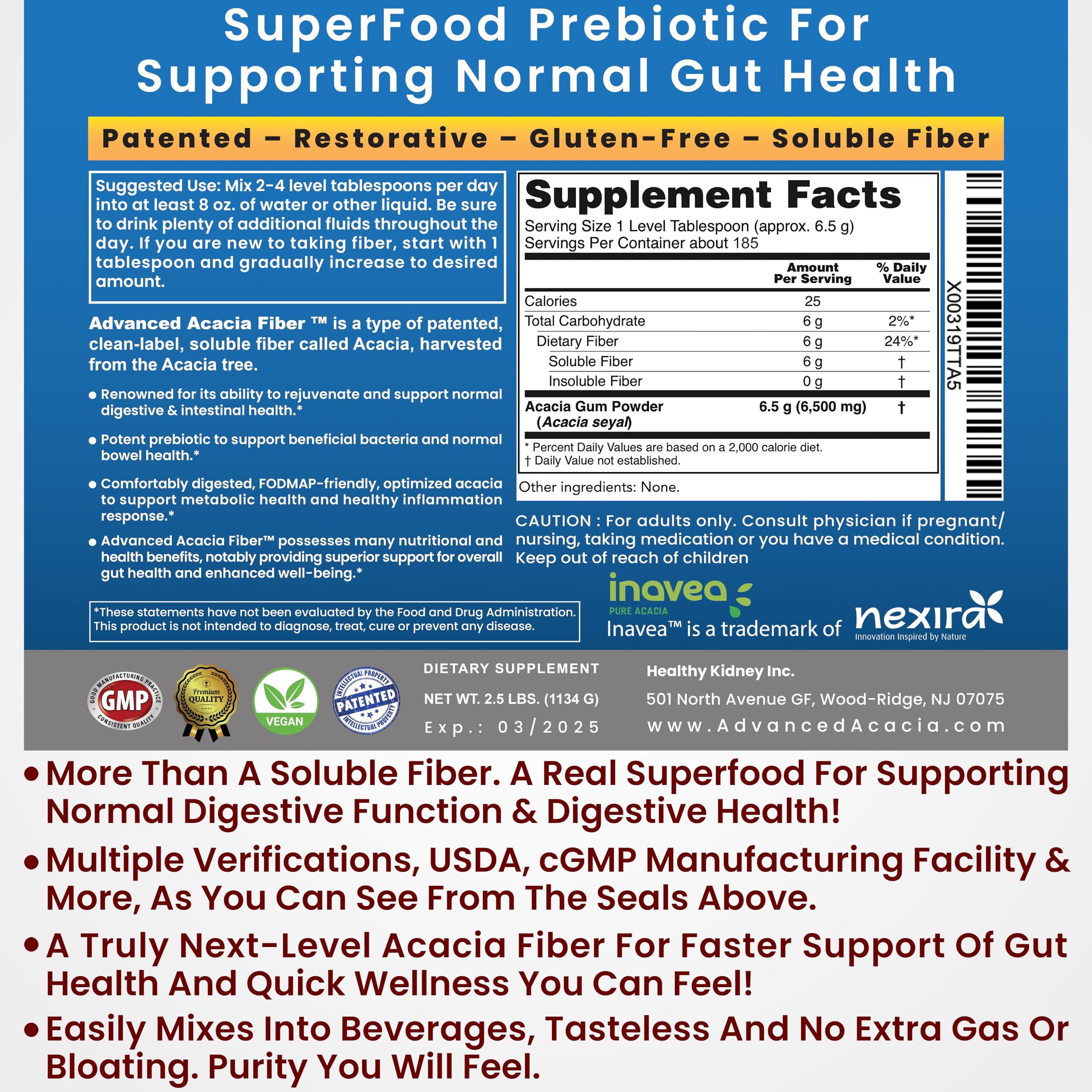 Kidney Restore Advanced Acacia Fiber Powder 16oz Soluble Fiber Leaky Gut Repair Powder. Organic Fiber Supplement Powder for Gut Health, Regularity, Digestive Rejuvenation