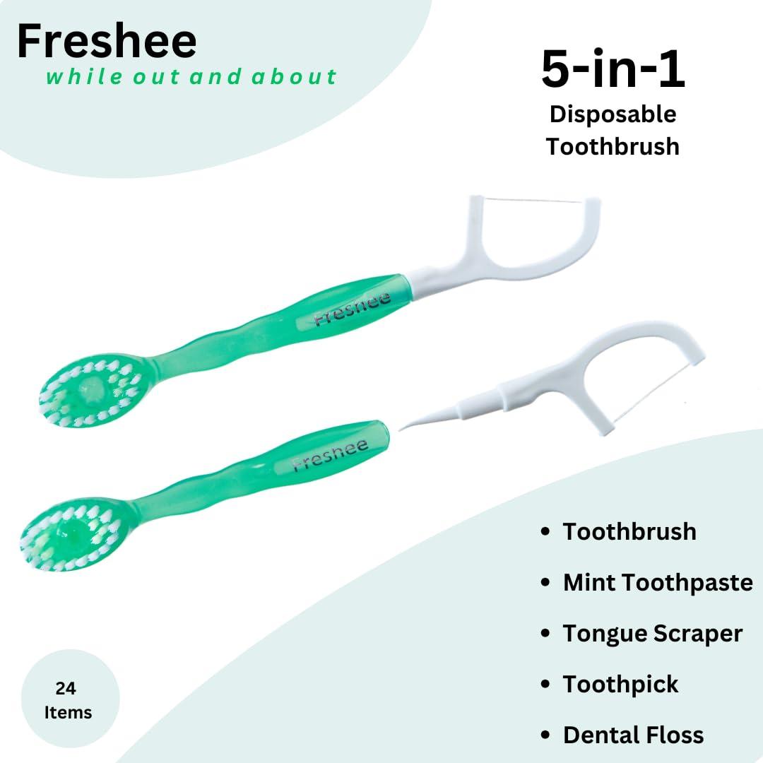 Freshee Freshee 5 in 1 Disposable Mini Toothbrush with Toothpaste + Floss + Pick + Tongue Scraper | Travel Size | Individually Wrapped | Soft | Mint | Travel Set | Oral Care