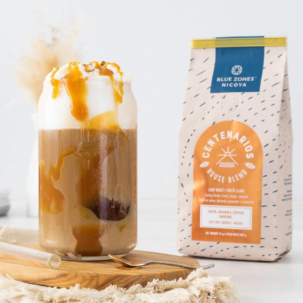 BLUE ZONES Blue Zones Nicoya - Centenarios Whole Bean Coffee - 100% Arabica Light Roast, House Blend - Fruity Caramel Flavor - All Natural, Gluten & Sugar-Free (12oz/ 340g)