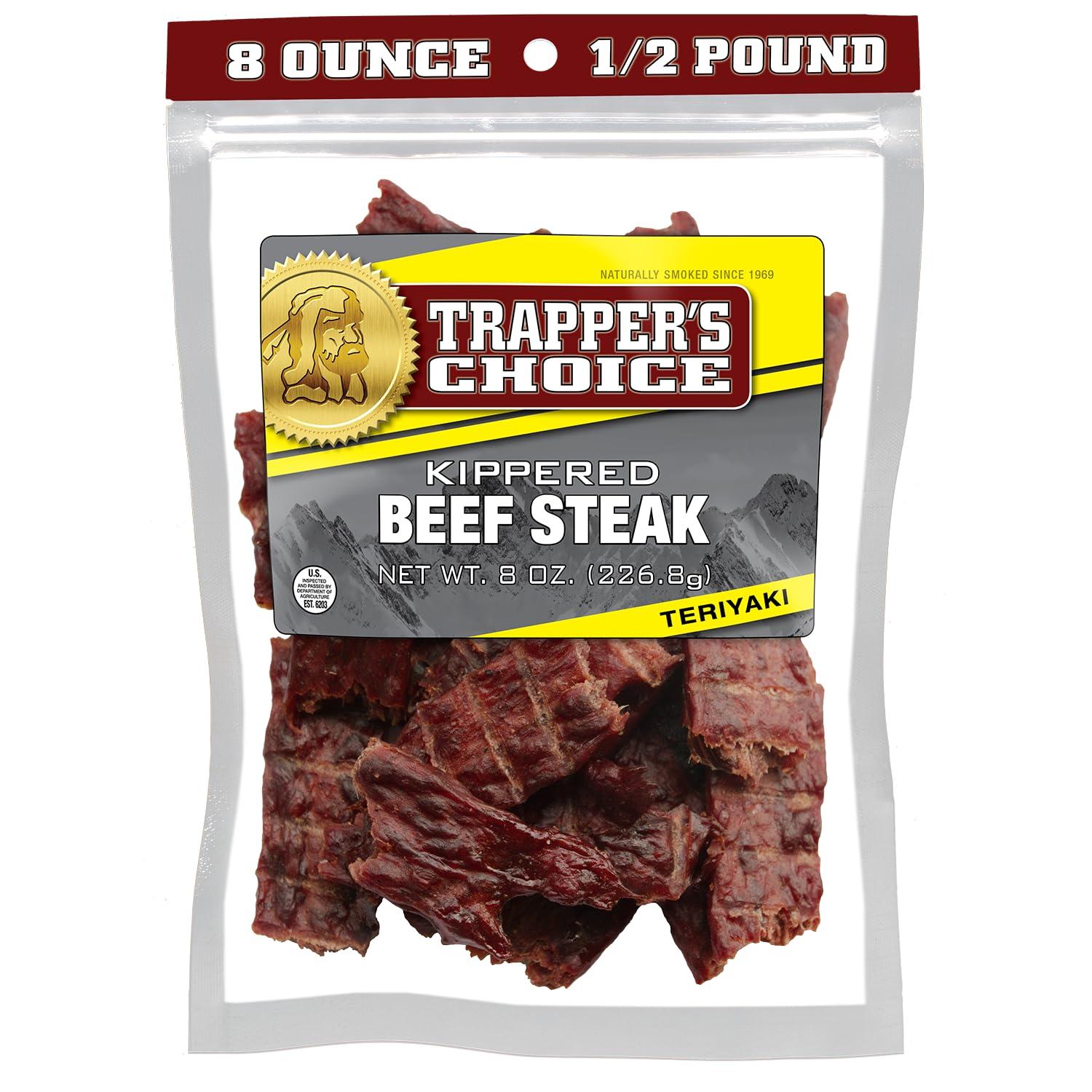 Old Trapper Old Trapper, Trapper\'s Choice Teriyaki Kippered Beef Steak, Eight-Ounce Individual Package, Savory Sweet Meat Snacks, 10 Grams of Protein and 60 Calories Per Serving (Pack of One)