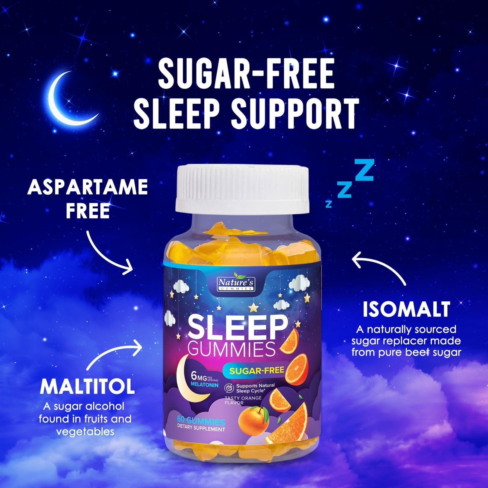Nature's Gummies Sleep Gummies for Adults 6mg - Sugar Free Extra Strength Melatonin Gummy, Natural Sleeping Gummy for Adults, Kids, Orange Flavored, Vegan, Non-GMO, Sleep Vitamin Support Supplement - 60 Gummies