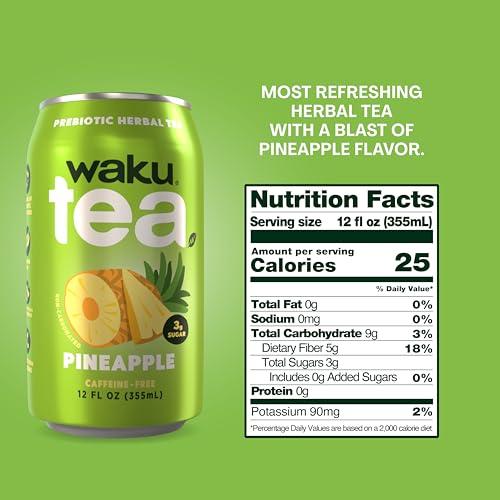 W WAKU HEALTHY TRADITION WAKU TEA, Prebiotic Herbal Tea, Pineapple, Supports Digestive & Gut Health, Keto Friendly, Zero Added Sugar, 5g Fiber, Caffeine Free, Natural Sweetner, 12 pack, 12oz Cans