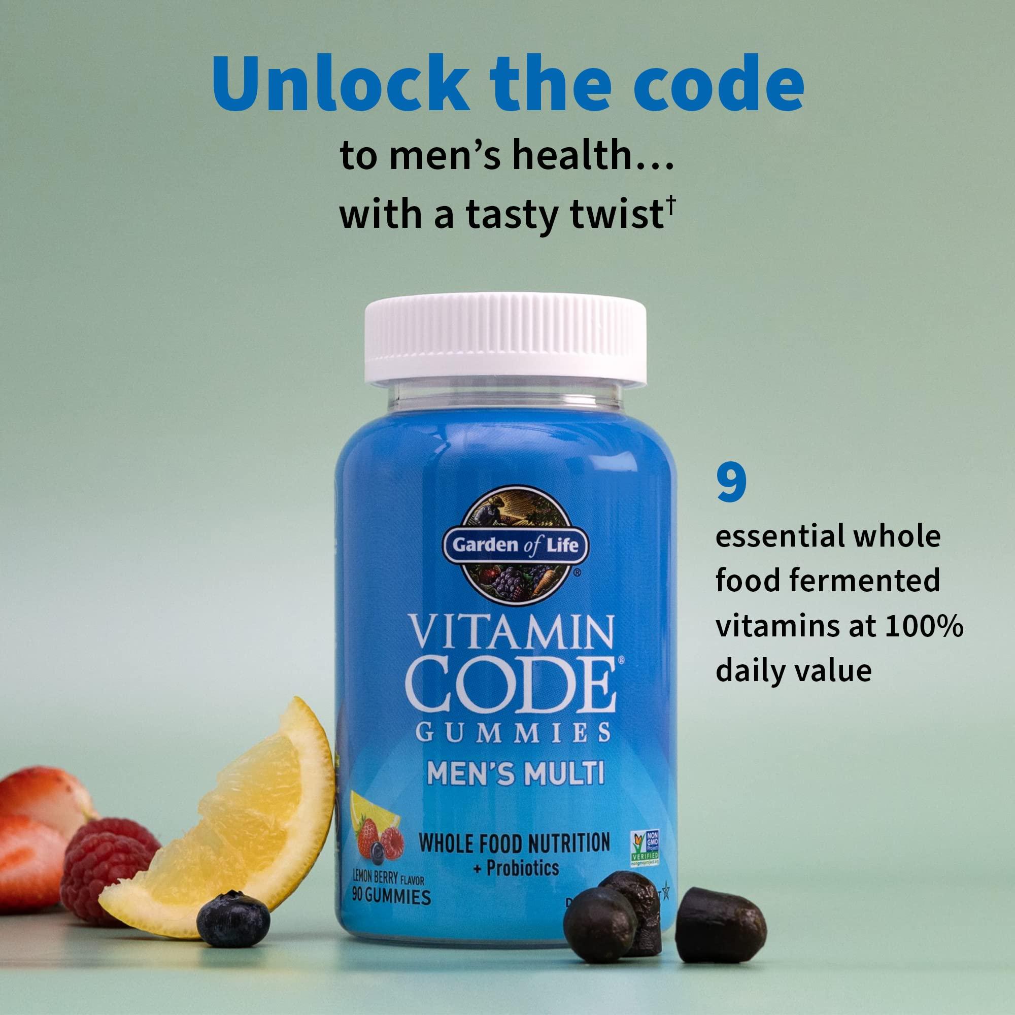 Garden of Life Garden of Life Mens Multivitamin Gummy:Vitamins C,D,E,B&Zinc for Energy,Stamina & Stress,Probiotics for Digestive & Immune Health,Vitamin Code,Non-GMO,Gluten-Free,90 Lemon Berry Gummies, 30 Day Count