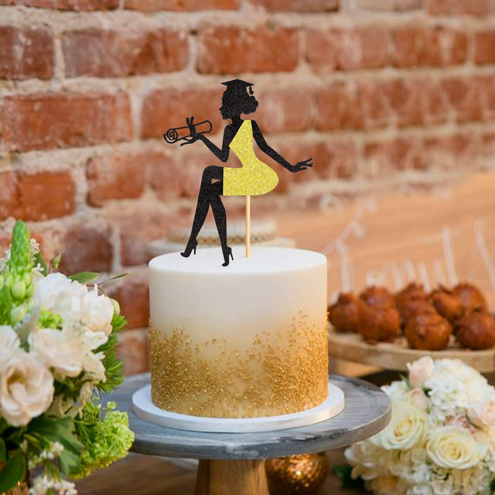 Cyodoos Cyodoos 1 PC High Heel Girl Graduation Cake Topper with Grad Cap Diploma 2023 Graduation Cake Pick 2023 Senior Graduation Cake Decorations for 2023 Girl Graduation Theme Party - Black Gold Glitter