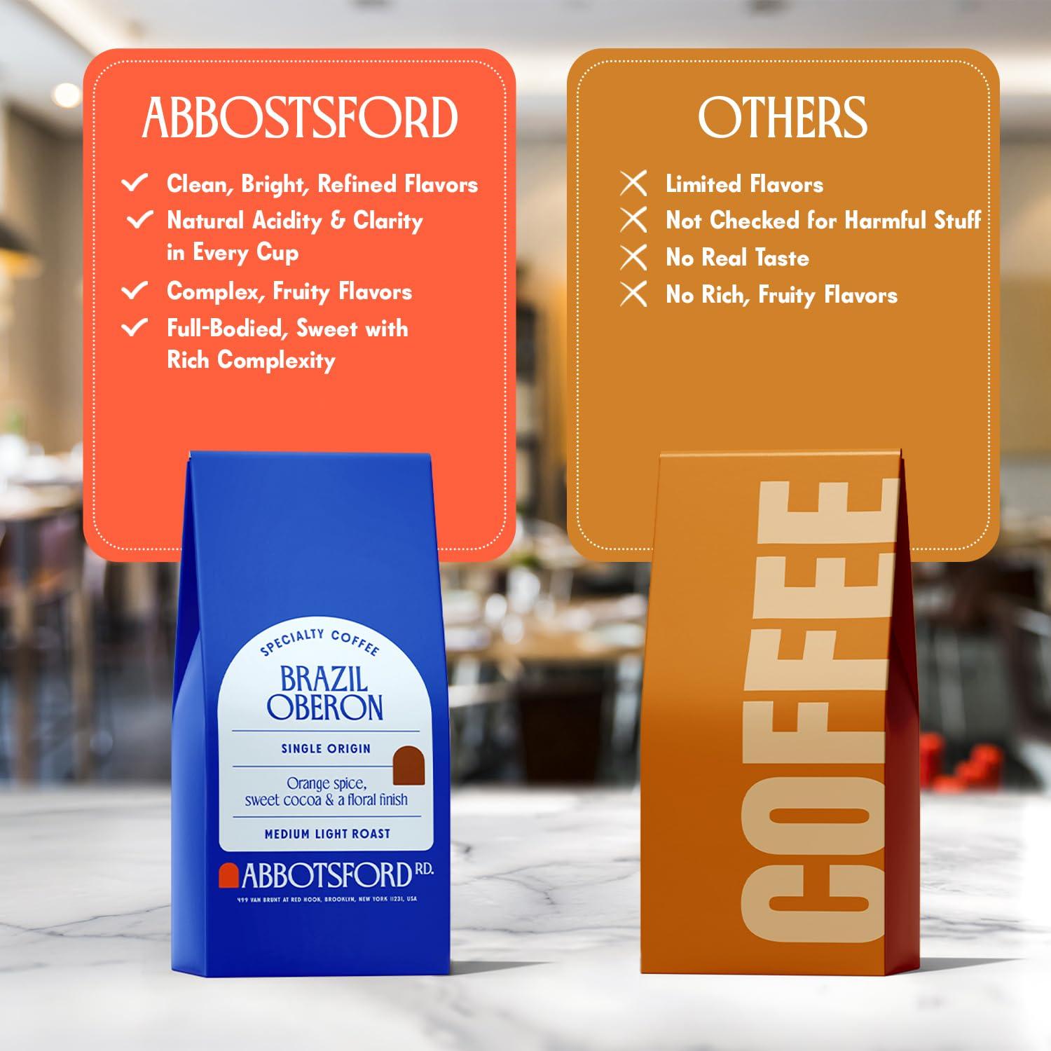 Abbotsford Road Brazil Oberon Ground Coffee, Medium Light Roast Ground Coffee with Orange Spice & Cocoa, 12 oz Brazilian Coffee Bag, Single Origin from Cerrado, Specialty Coffee for a Bright, Flavorful Brew