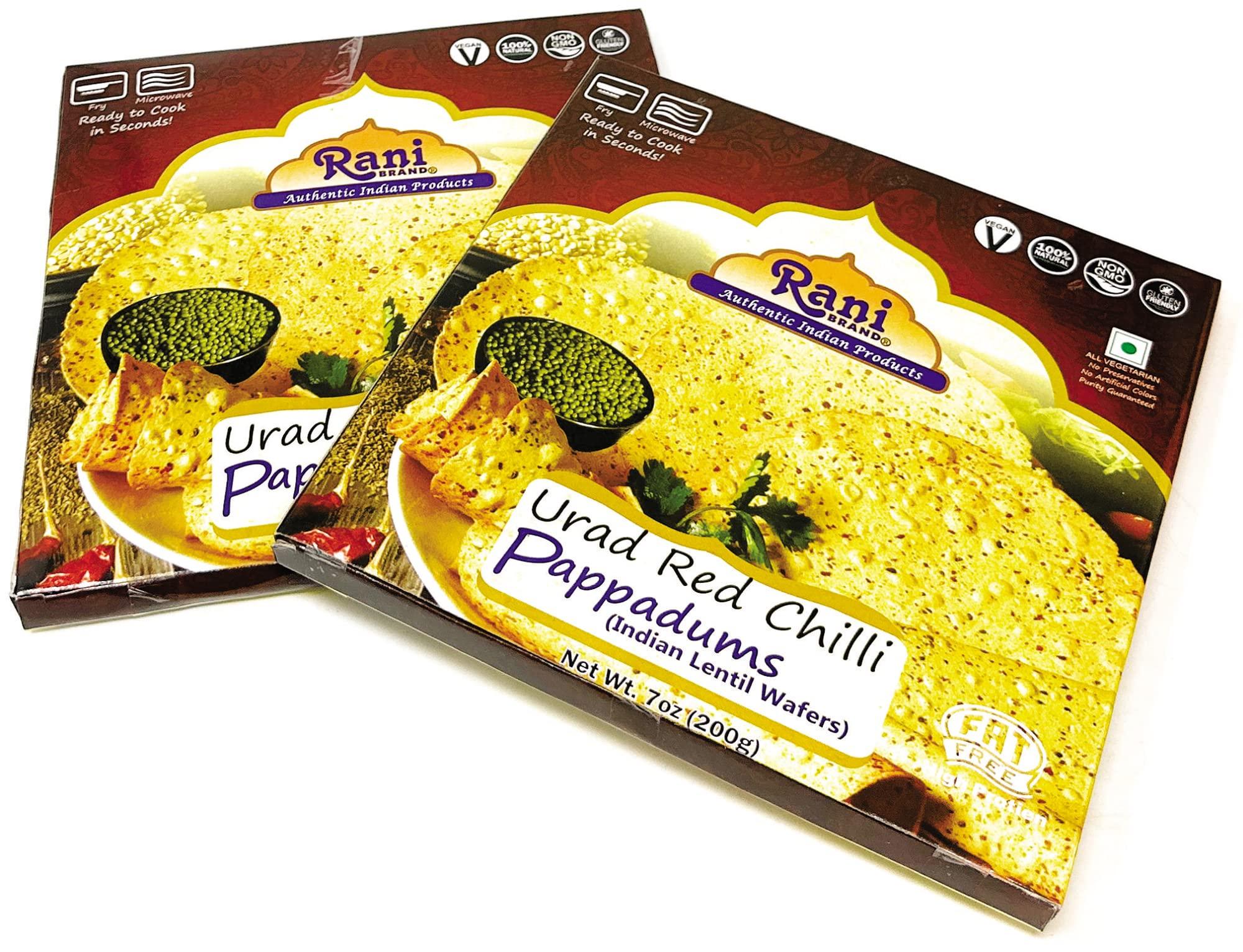 Rani Brand Authentic Indian Products Rani Pappadums (Indian Lentil Wafer Snack) Red Chilli Papad 7oz (200g) Approximately 15pc, 7 inches, Pack of 2 ~ All Natural | Gluten Friendly | NON-GMO | Vegan | Indian Origin
