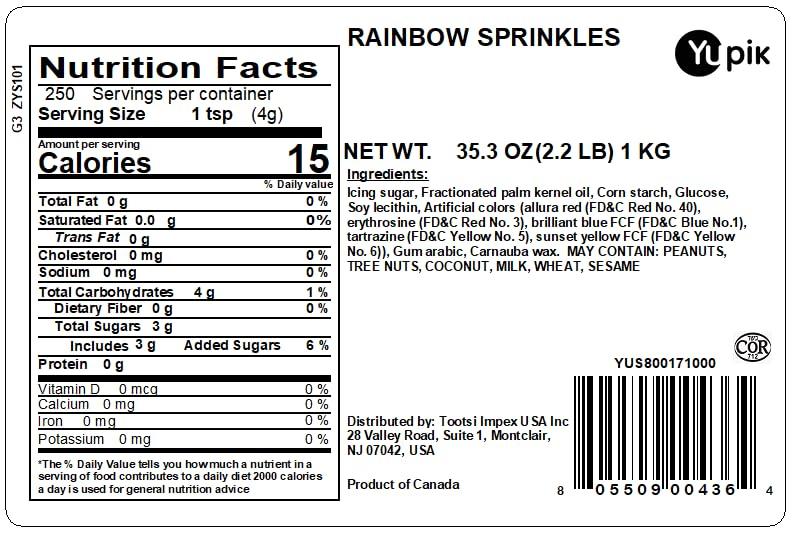 Yupik Yupik Rainbow Sprinkles, 2.2 Lb, Low In Sugar, Cholesterol-Free, Sodium-Free, Kosher, Dessert Topping