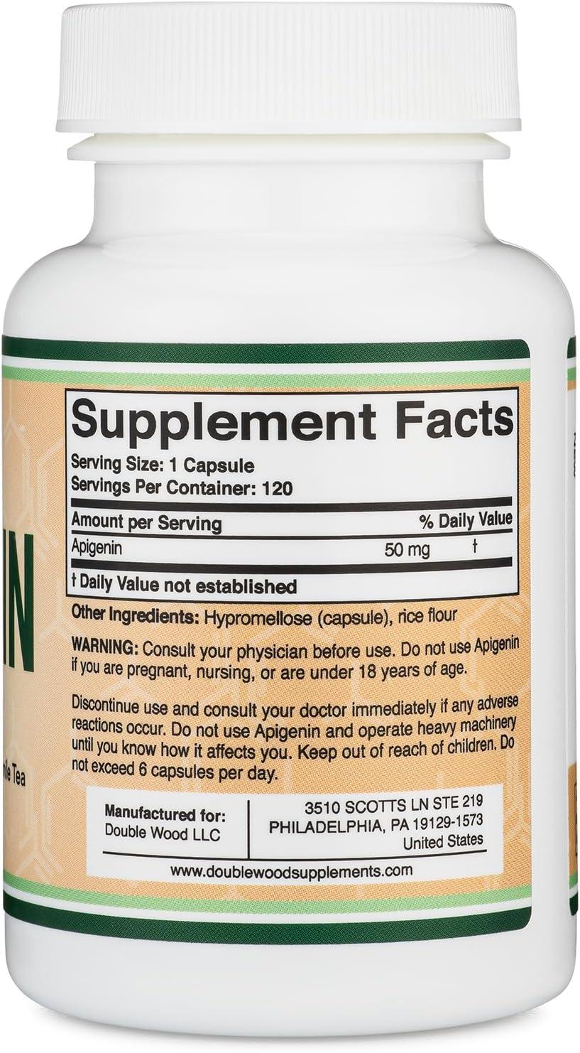 Double Wood Supplements Apigenin Supplement - 50mg per Capsule, 120 Count (Powerful Bioflavonoid Found in Chamomile Tea for Relaxation, Sleep, and Mood) Senolytic Flavonols for Aging (Gluten Free) by Double Wood