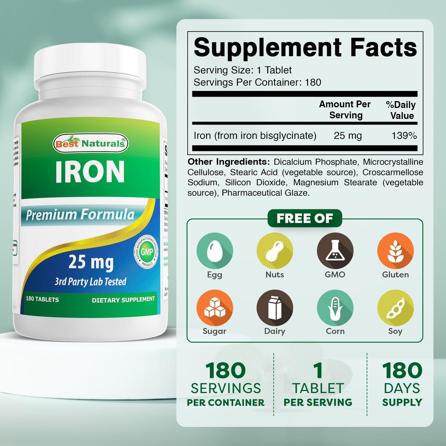 Best Naturals Best Naturals Iron Supplement (Iron Bisglycinate) - 25mg - 180 Tablets - Gentle of Stomach - Non-Constipating