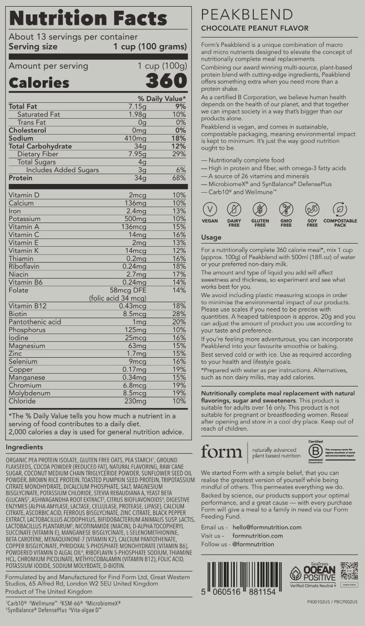 Form Form Peakblend - Vegan Meal Replacement Shake | High protein & fibre | 26 vitamins & minerals | meal replacement powder with no artificial sweeteners |13 servings - 1.3kg (Chocolate Peanut)
