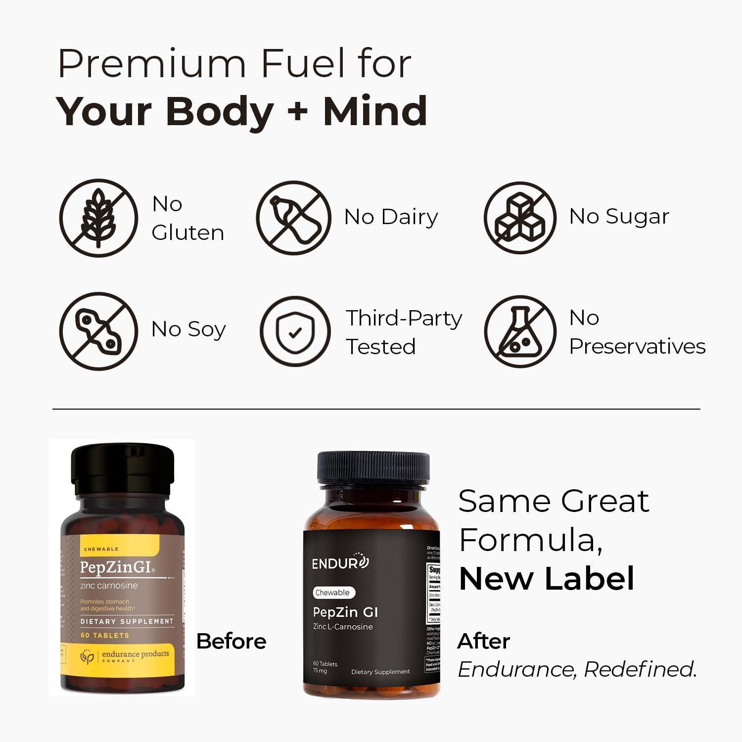 Endurance Products Endur PepZinGI ZINC-CARNOSINE Chewables, Helps Support Your Digestive System for Comfortable Digesting, Gluten Free, 60 Tablets