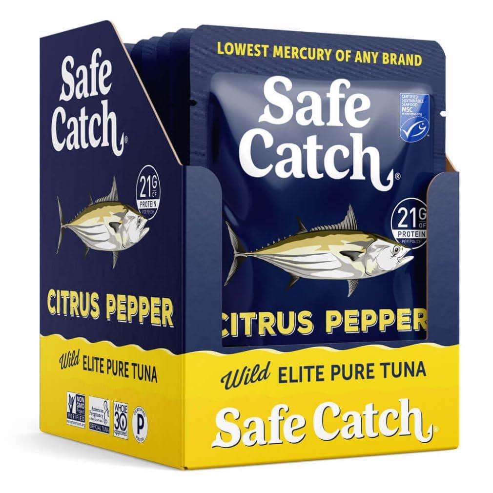 Safe Catch Safe Catch Elite Lowest Mercury Wild-Caught Tuna Pouch Citrus Pepper Seasoned Fish, Gluten-Free, Paleo, Keto, Non-GMO, High Protein Food, 2.6oz Packets, Pack of 12