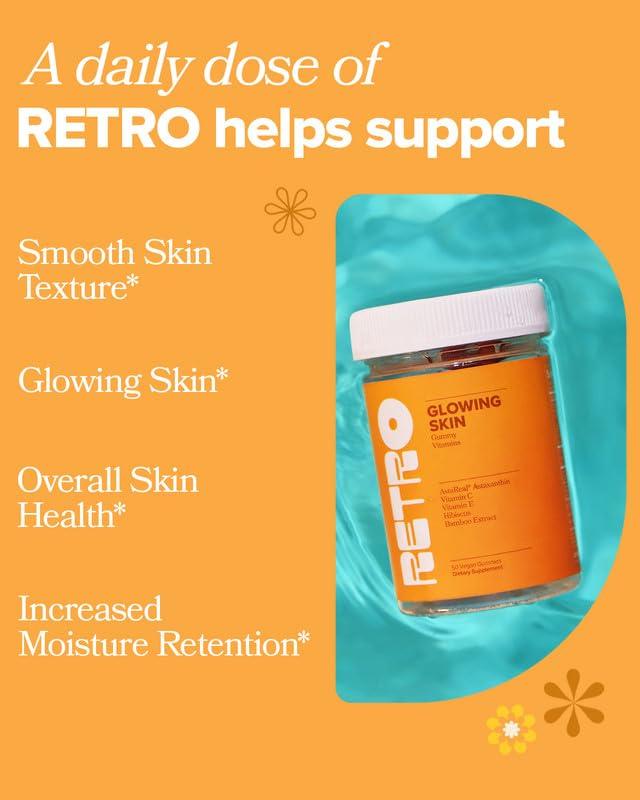 O Positiv RETRO Gummy Glowing Skin Vitamins for Collagen Production - Astaxanthin, Vitamin E, Bamboo Extract, Hibiscus, & Vitamin C - Vegan Skin Vitamin Gummies for Smooth Skin & Hydration, 50 Count (Pack of 1)