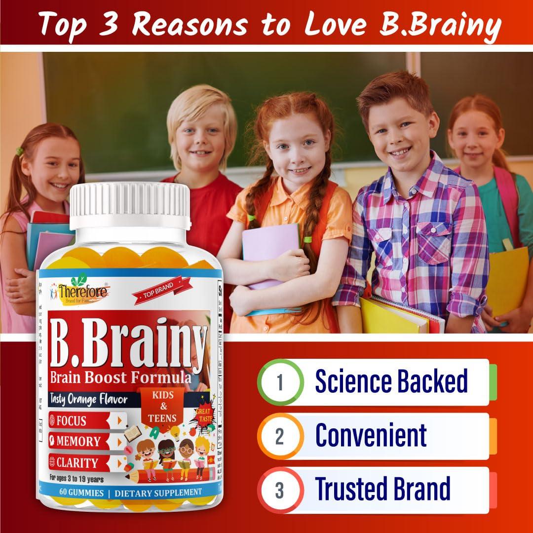 Therefore B.Brainy Brain Focus Gummies for Kids & Teens, Attentive Child Supplement, Brain Focus Vitamins for Kids & Teens, Vegan Omega 3 EPA/DHA, Support Memory, Clarity, Concentration, Low Sugar 60 Gummies