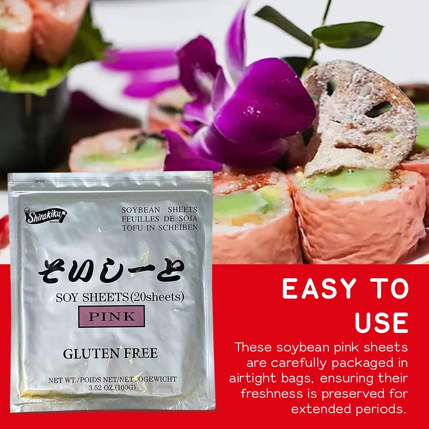 SHIRAKIKU BRAND Shirakiku Pink Sushi Soy Wrapper- Authentic Japanese Gluten-Free Wraps for Tofu, sushi | Soy Proteins, Corn Starch, Rice Powder, and Cochineal Extract | Easy to Use 20 Sheets - (3.52 Oz)