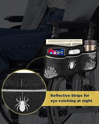 Sabolny Halloween,Wheelchair Side Bag, Wheelchair Walker Armrest Bags with Cup Holder & Reflective Stripes, Mobility Scooter Walker Rollator Wheelchair Accessories Black Grey Horror Watercolor