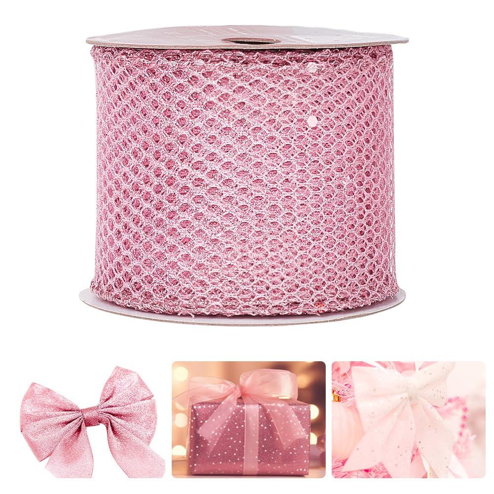 GOMAKERER GOMAKERER 9m Pink Glitter Wired Ribbon, Flamingo Color Wire Edge Ribbon Sparkling Web Mesh Ribbon Metallic Edge Ribbon for Gift Wrapping Wreaths Making Christmas Tree
