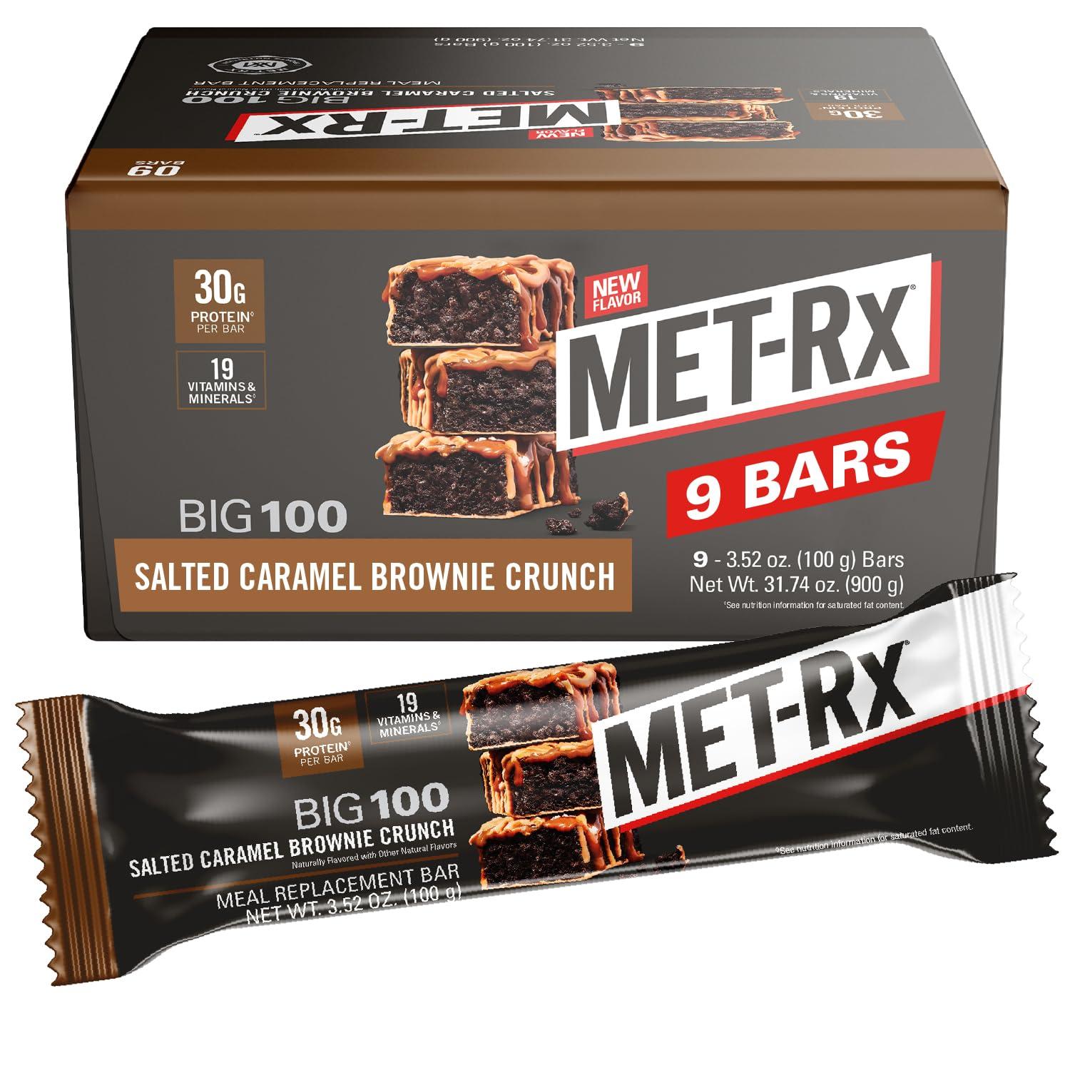 MET-Rx MET-Rx Big 100 Protein Bar, Meal Replacement Bar, 30G Protein, Salted Caramel Brownie Crunch, 9 Count, 3.52 Oz.(Packaging may vary)