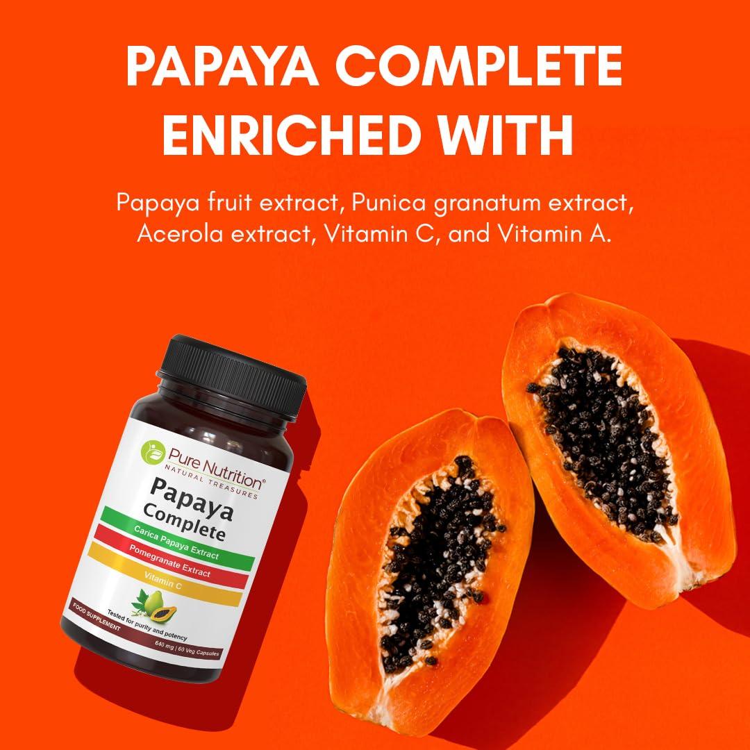 PURE NUTRITION NATURAL TREASURES PURE NUTRITION NATURAL TREASURES Papaya Complete - 120 Veg Capsules. (Supports Platelet Immunity & Digestion) Each Capsule Contains 500mg Carica Papaya Fruit and Leaf Extract | 120 Days Supply