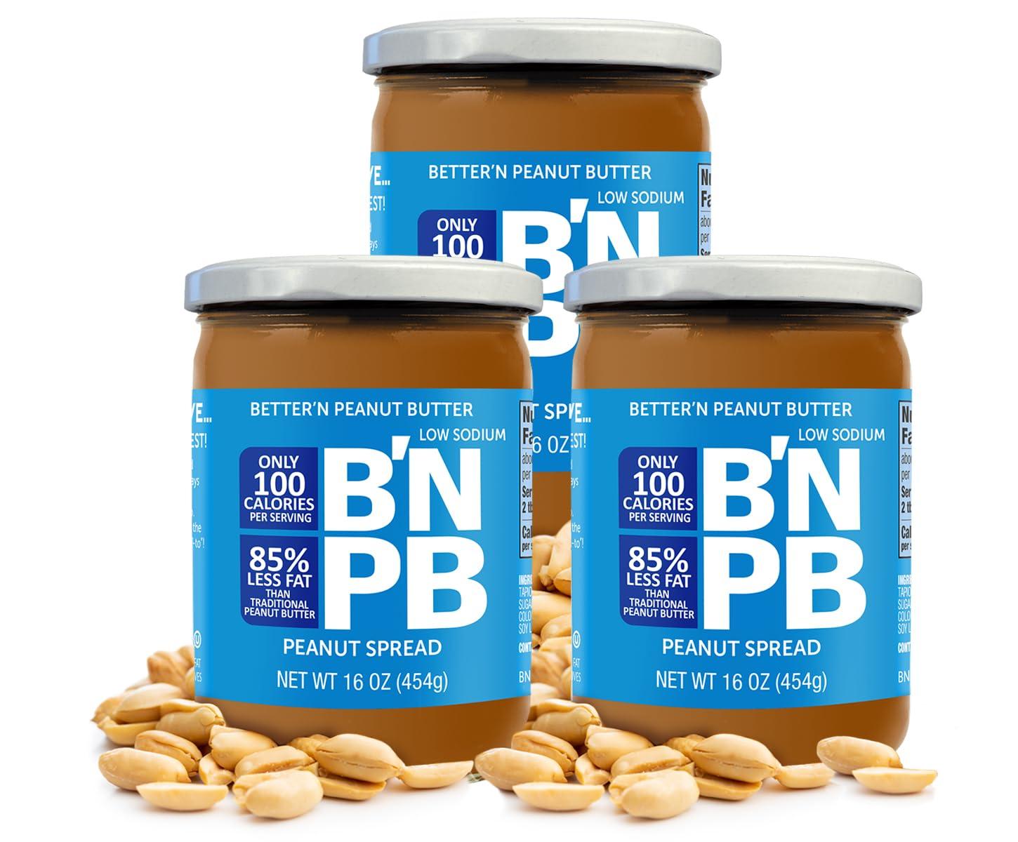 Better'n Peanut Butter Peanut Spread Low Fat and Low-Sodium Peanut Butter Spread by Bettern Peanut Butter, Creamy Low-Calorie Peanut Spread with No Saturated Fat, Gluten Free, Dairy Free, Non GMO, Kosher, Pack of 3, 16 oz. Glass Jars