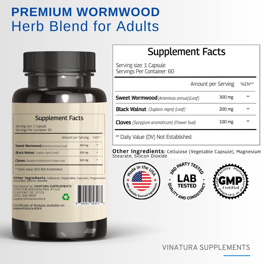 VINATURA VINATURA Wormwood Black Walnut Clove Capsules - Cleanse, Detox, Intestinal Guard Formula Supplement for Humans, with Wormwood herb, Black Walnut Extract Combination, 60 Capsules
