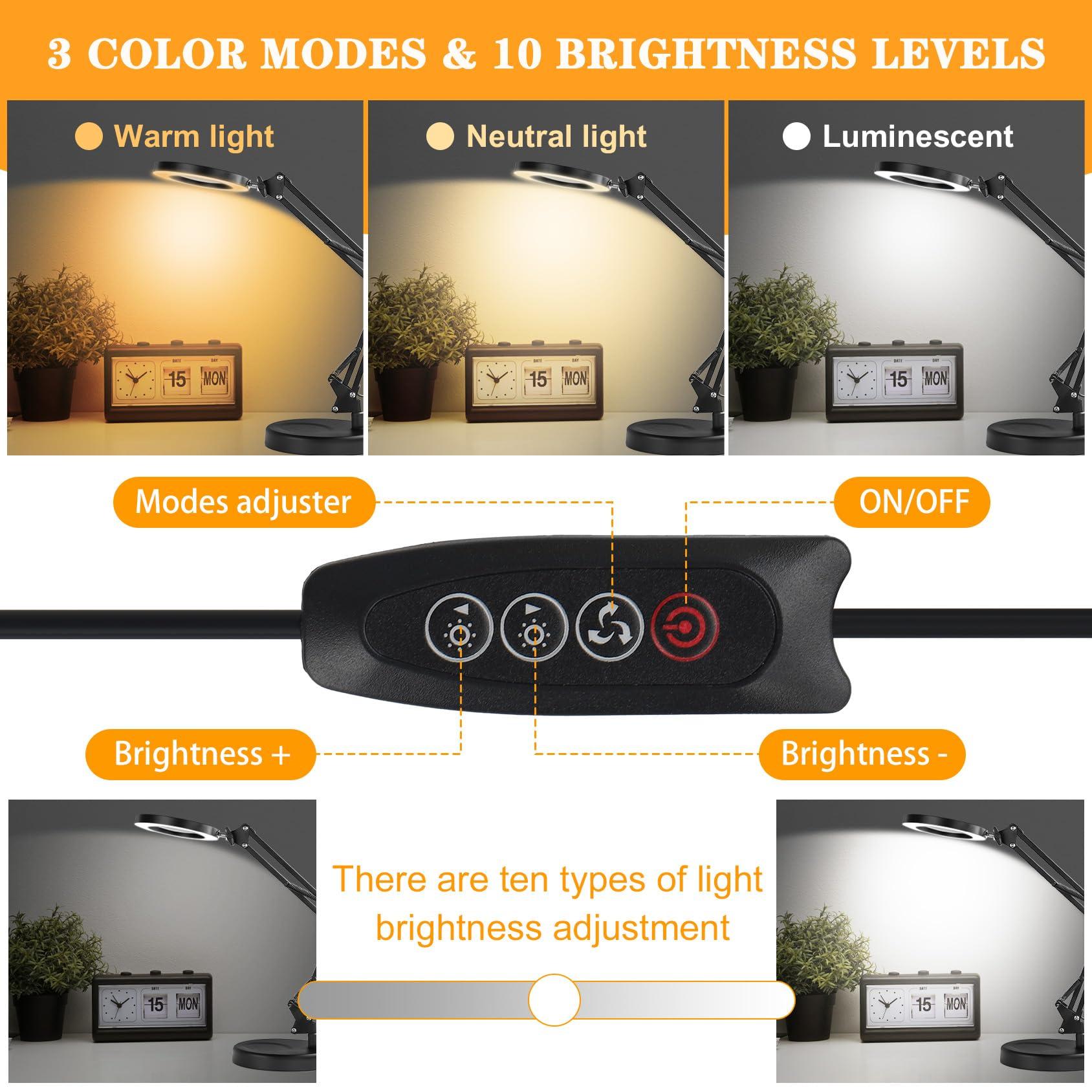 BBYESE 10X Magnifying Glass with Light and Stand Desk Magnifying Glass Light Table Loupe with Heavy Base 3 Color Dimmable LED Lamp for Close Work Precision Machinery Repair Reading Craft