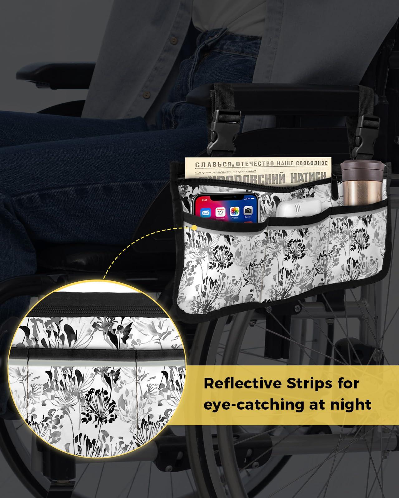 Sabolny Black Grey Flower,Wheelchair Side Bag, Wheelchair Walker Armrest Bags with Cup Holder & Reflective Stripes, Mobility Scooter Walker Rollator Wheelchair Accessories Watercolor Classic Dandelion Floral