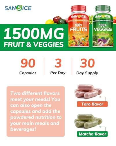 SANSICE SANSICE Fruits and Veggies Supplement, 100% Natural Fruit and Vegetable Vitamins Soy Free & Non-GMO Vegetable and Fruit Supplements for Women Men and Kids - 90 Fruit Capsules, 90 Veggie Capsules