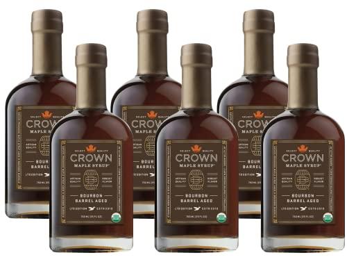 Crown Maple Crown Maple Bourbon Barrel Aged Organic Maple Syrup, Pancakes, Flavor Cocktails, Marinades and Sauces, 25 Fl Oz, (Pack of 6)